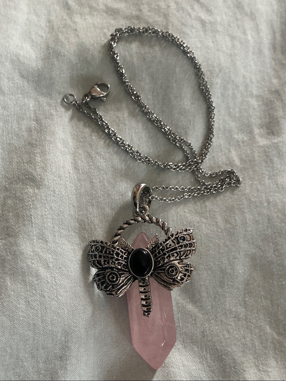 Rose Quartz & Black Crystal Dragonfly Pendant Necklace - Picture 2 of 4
